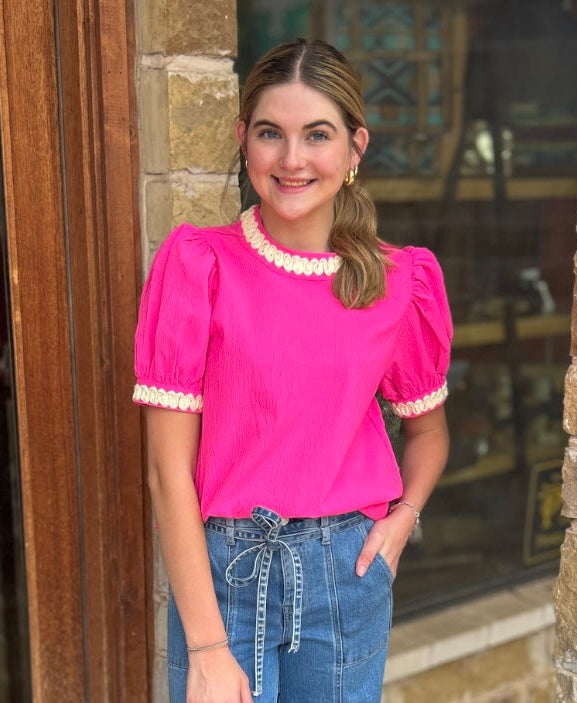 Tops | Blouses Hot Pink W/White Embroidered Trim Puff Sleeve Round Neck
