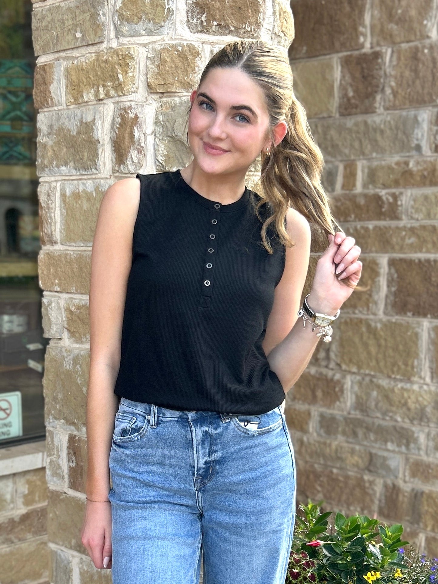 Tops | Tank Top Sleeveless Snap Button Detail