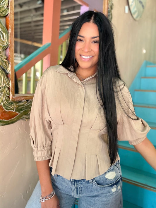 Blouse - Taupe Dart Button Down