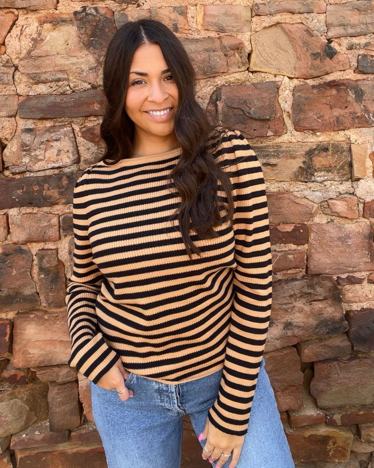 Tops | Sweater Striped Long Sleeved Boat Neck Taupe Black