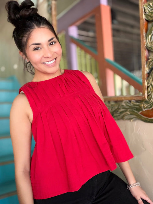 Blouse - Red Pleated Sleeveless Top