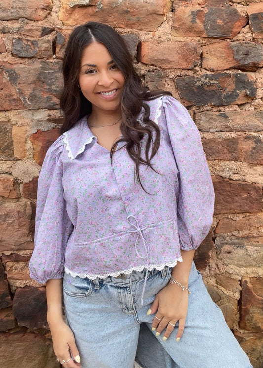 Tops | Blouse Lavender Floral Print Short Puff Sleeve Button Down