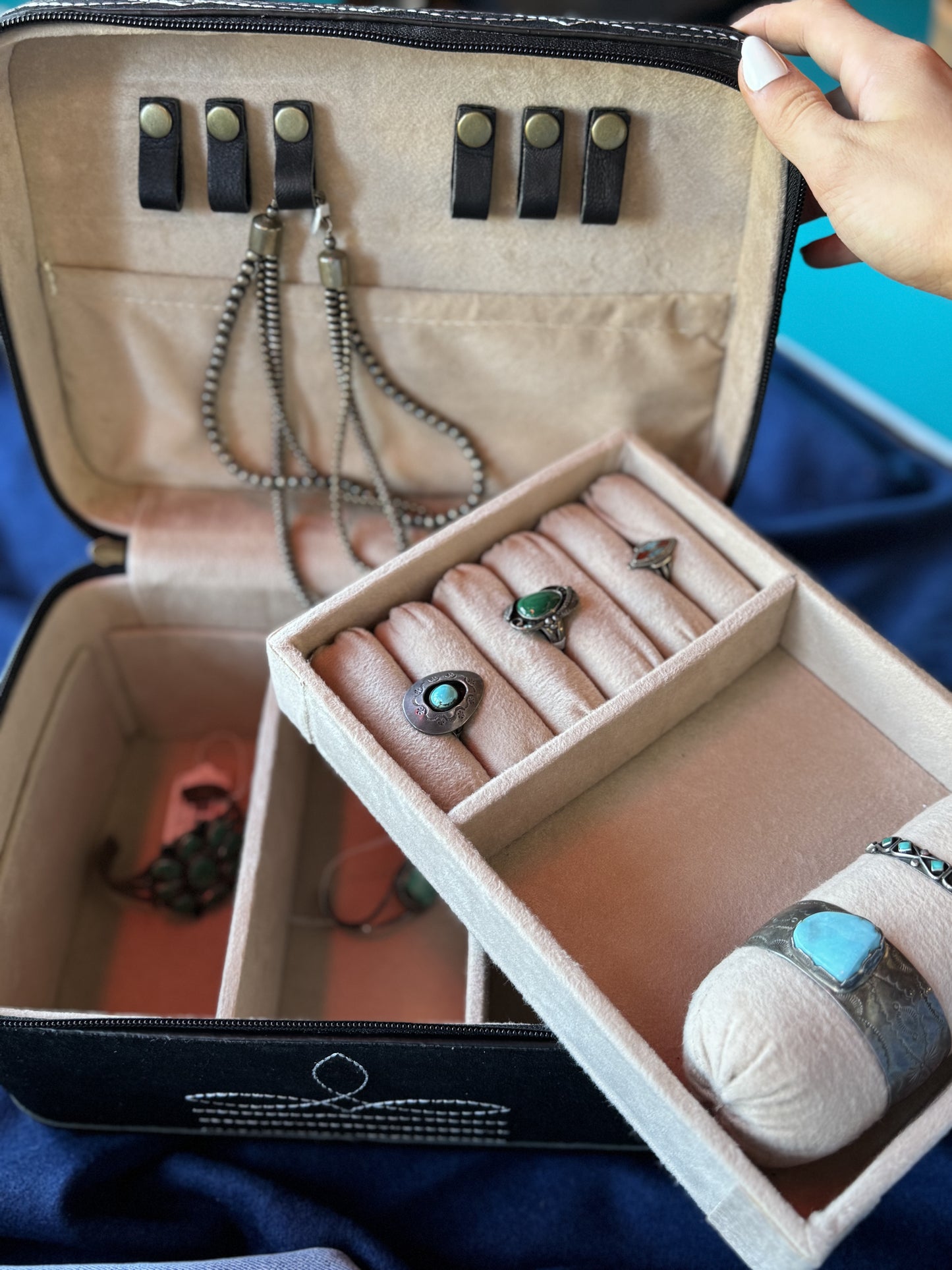 Jewelry Storage | Black Bootstitch Suede Leather & Tooled Jewelry Box