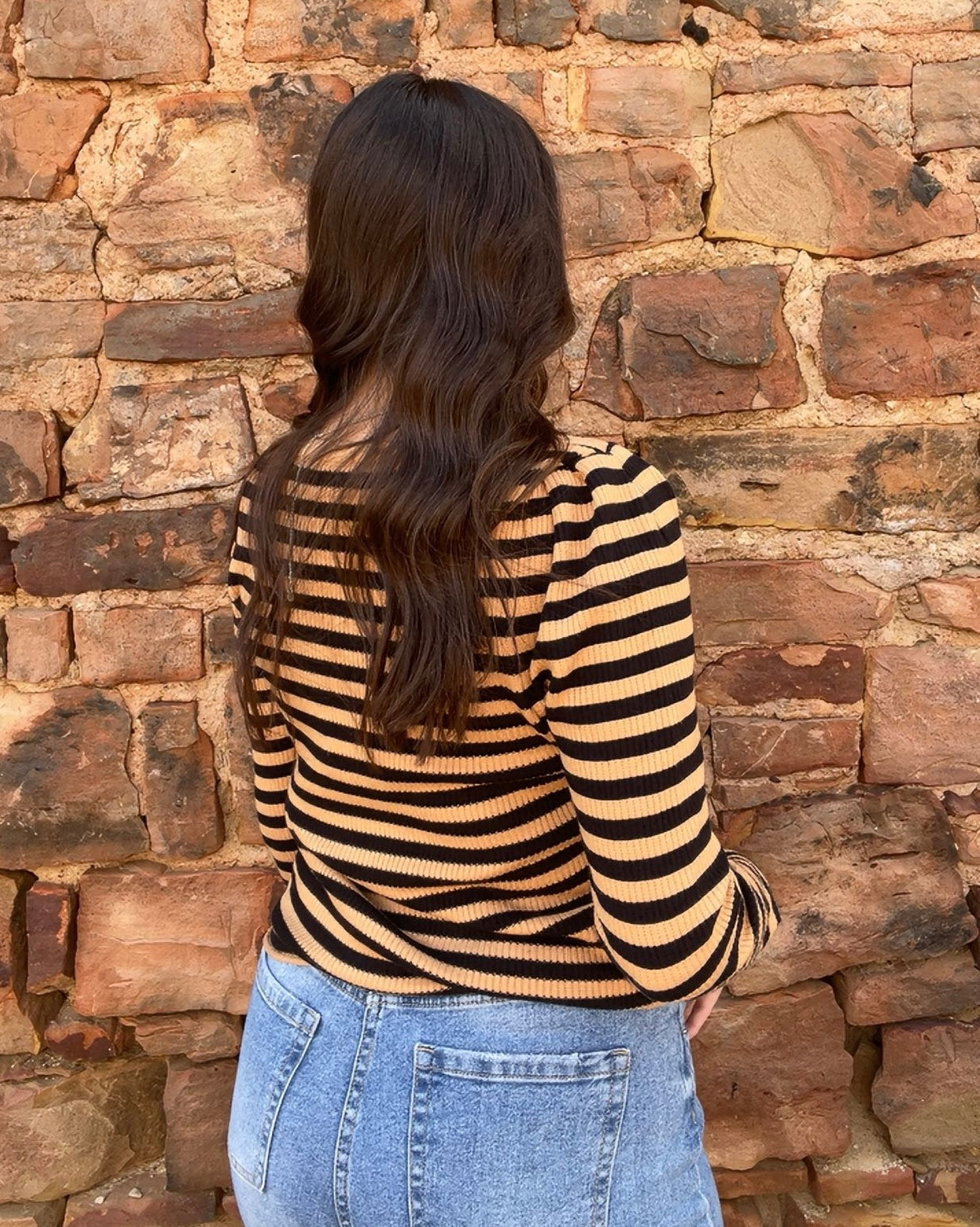 Tops | Sweater Striped Long Sleeved Boat Neck Taupe Black