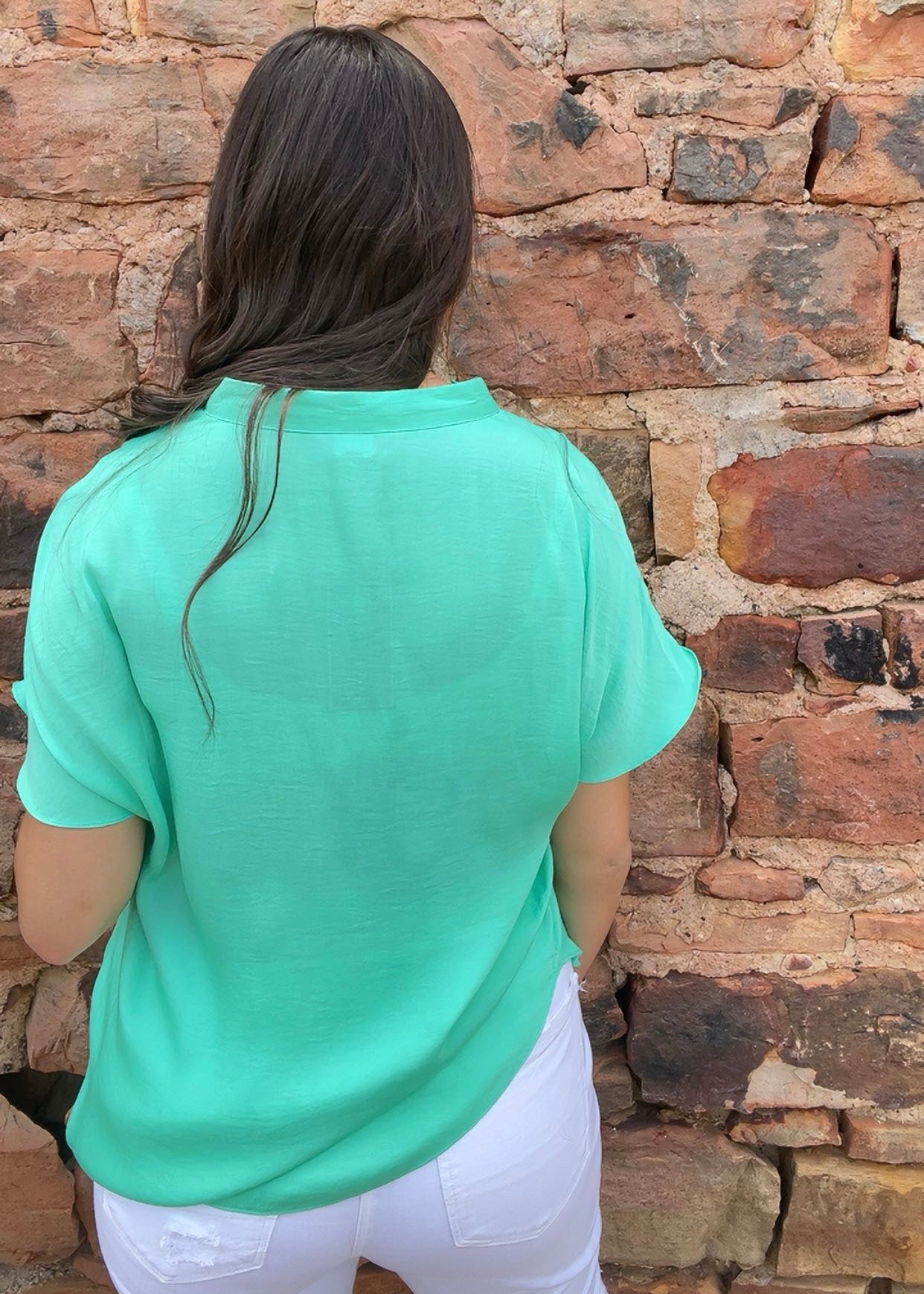 Tops | Blouse Biscay Green Drop Shoulder V-Neck Placket Short Sleeves