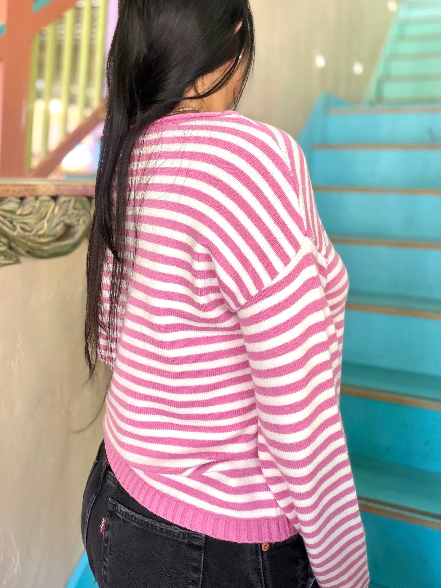 Sweater - Pink Henley Striped