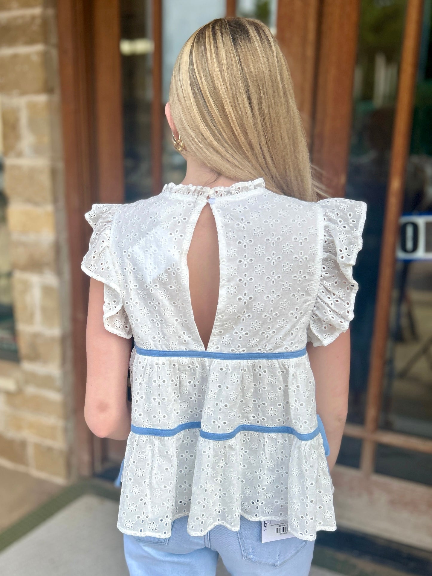 Tops | Blouse Off White Eyelet Blue Contrast Trim Short Ruffled Sleeve