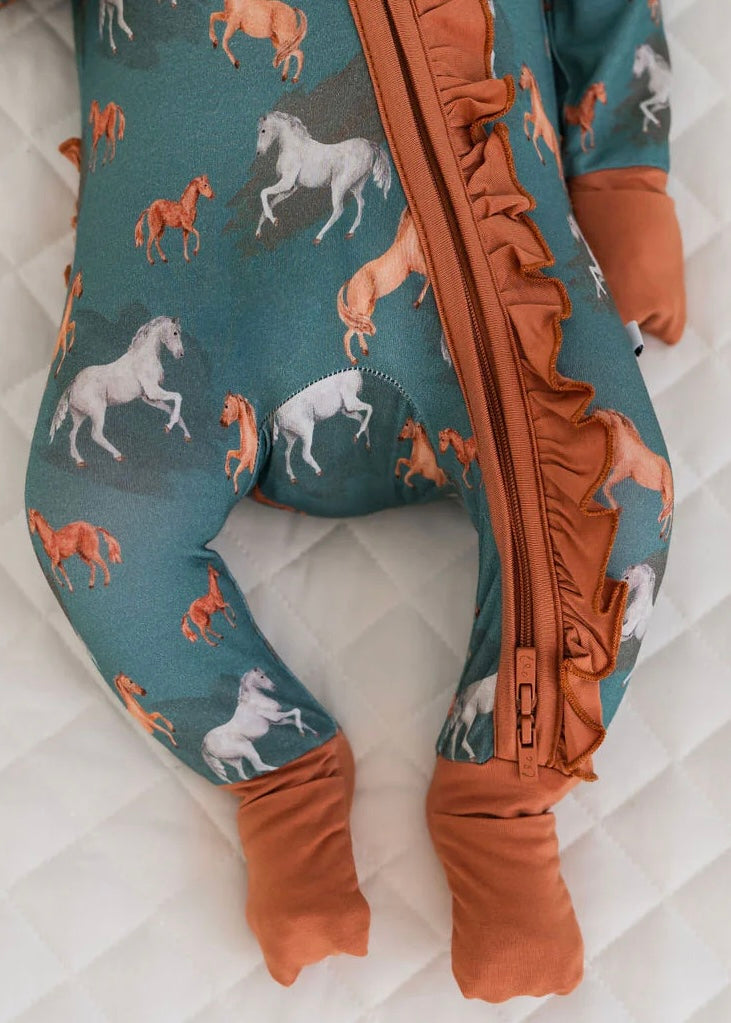 Girls | Sleeper Ember Teal Bamboo Ruffle Convertible Footie