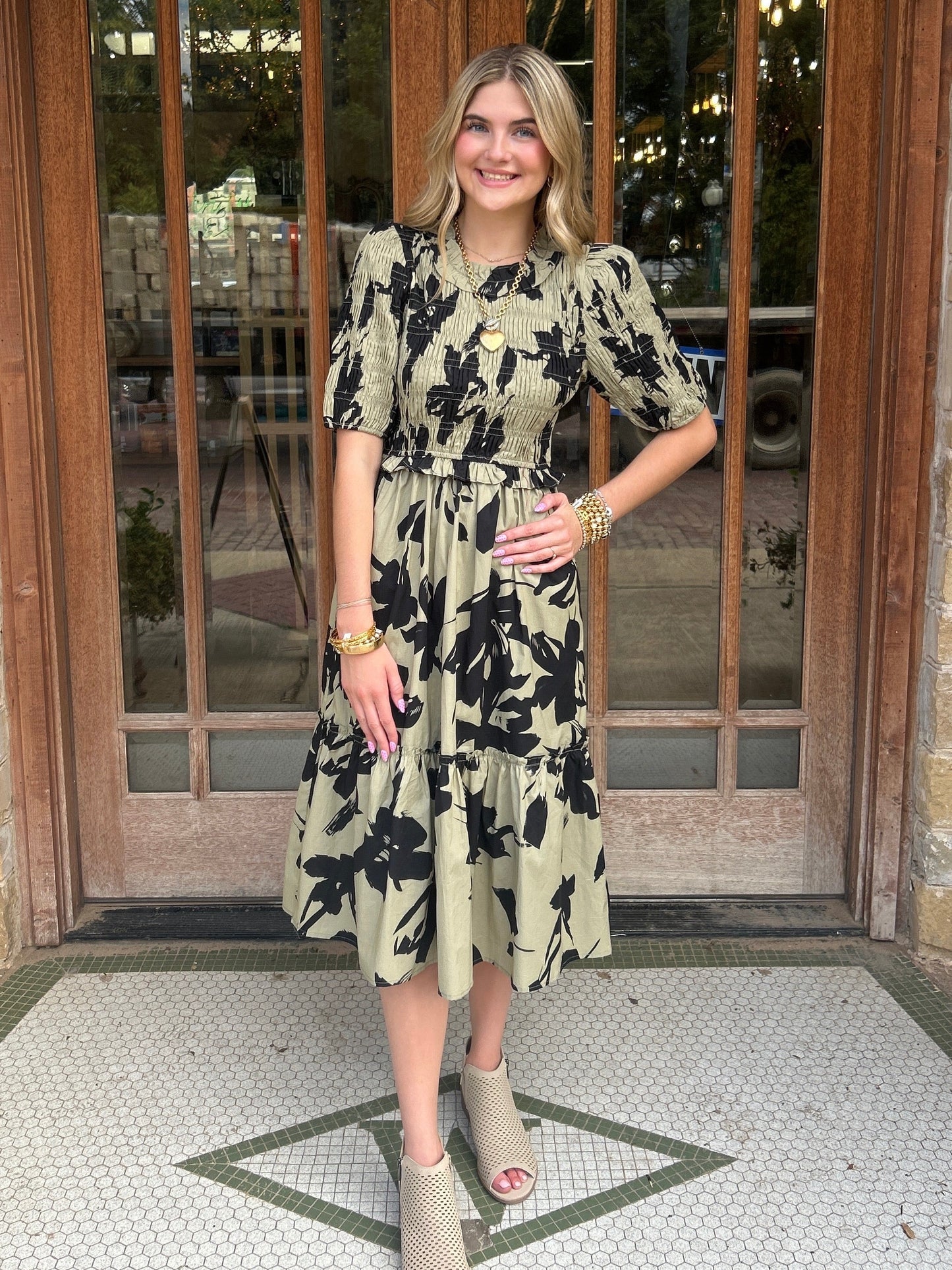 Dress | Midi Olive Floral Print Smocked Bodice Back Keyhole