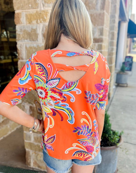 Tops | Tru Luxe Blouse Multi Coral/Orange Print Knit W/Twisted Back Strap Detail