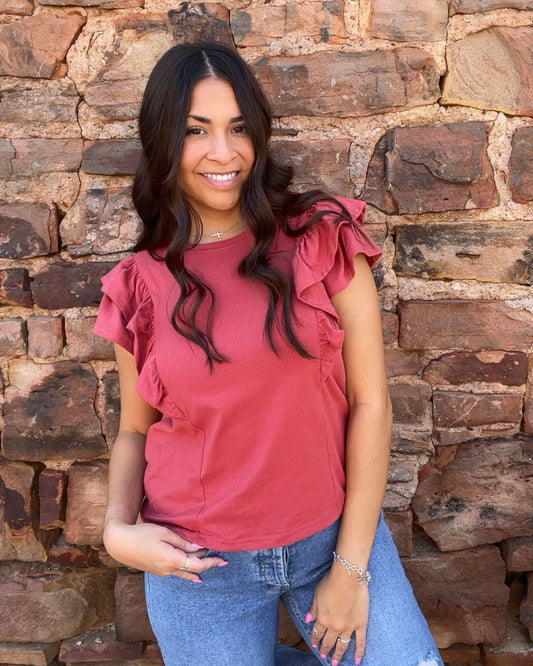 Tops | Blouse Rust Double Ruffled Short Sleeve