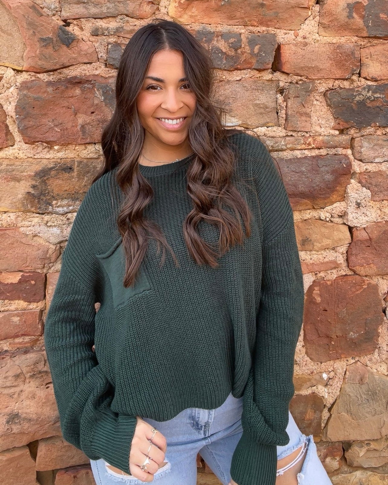 Tops | Sweater Dark Green Pocket Detailed Crew Neck