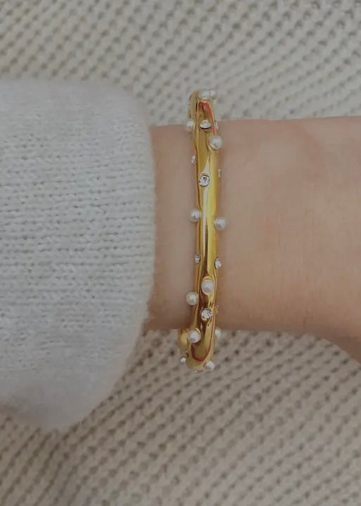 Bracelet | Gold Pearls and Crystals Bangle Cuff 18k Plated Bracelet