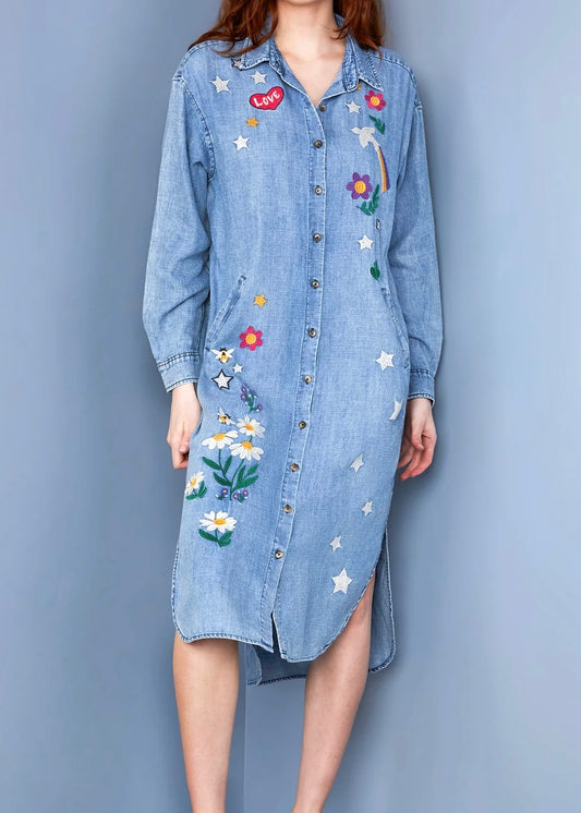 Dress | Billy T Denim Dress/Duster Embroidered Button Front Long Sleeves