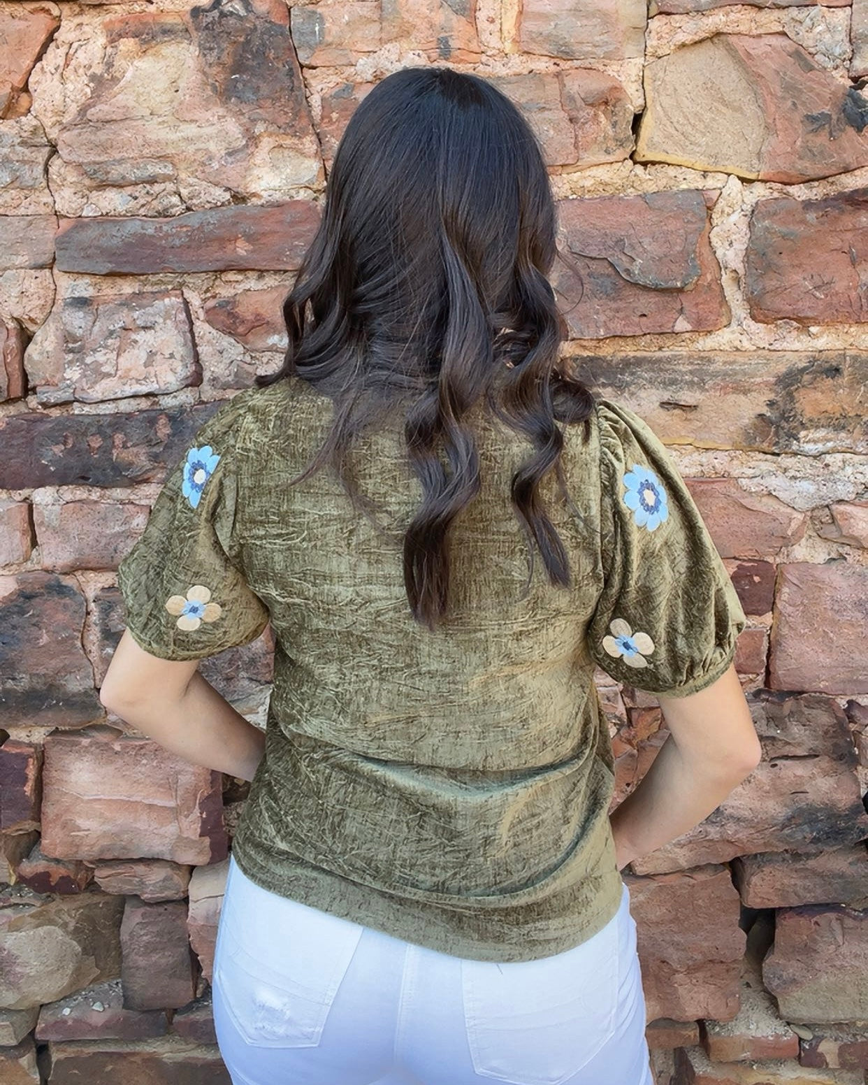 Tops | THML Blouse Olive Short Sleeve Embroidered Detail Suede