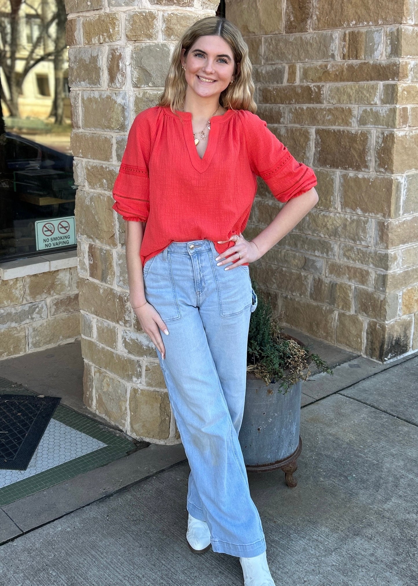 Top | Coral Smocked 3/4 Sleeve Lace Trim Blouse