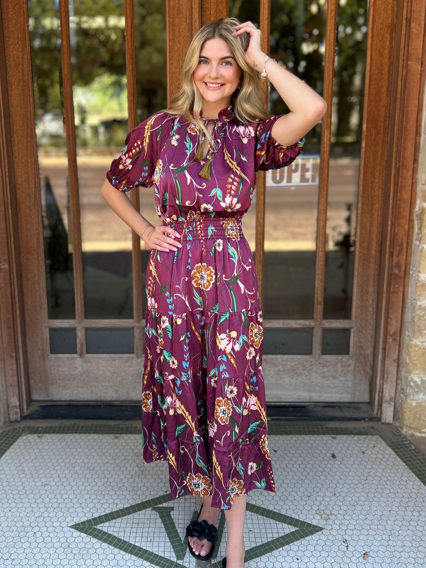 Dress | THML Maxi Smocked Waist Tassel Floral