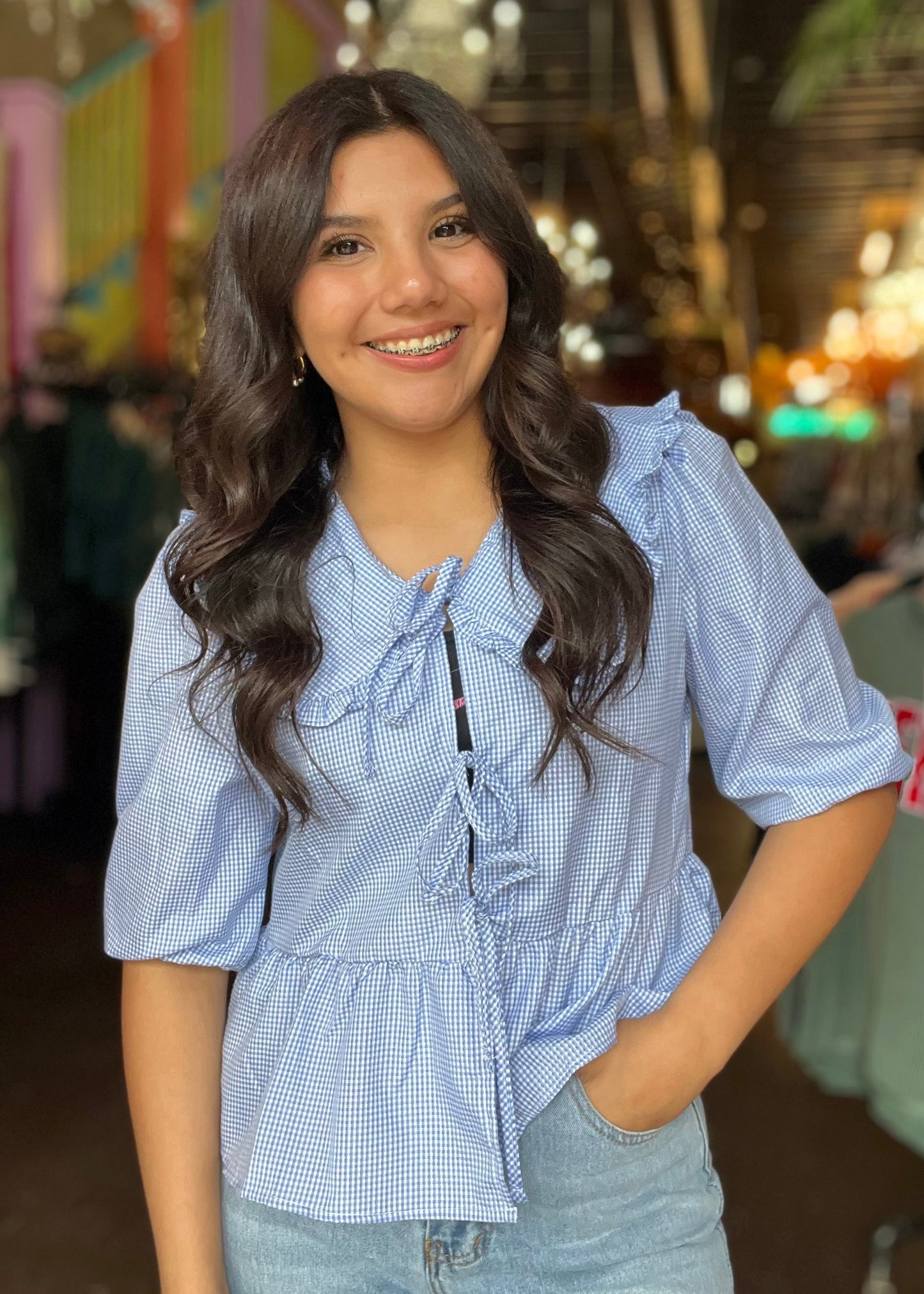 Top | Blouse Tie Front Blue Gingham Oversized Frilled Collar