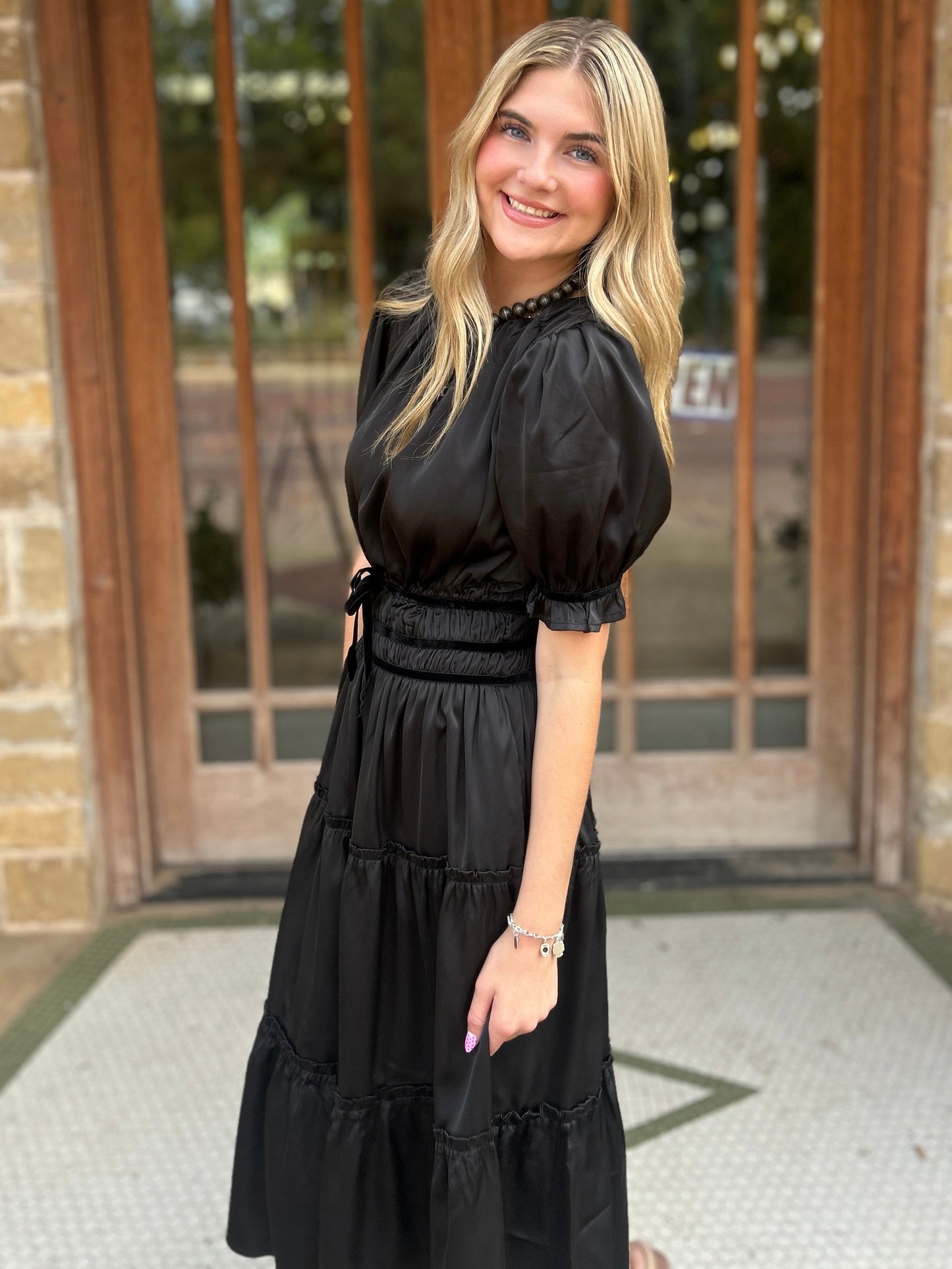 Dress | Velvet Trim Rushed Satin Black