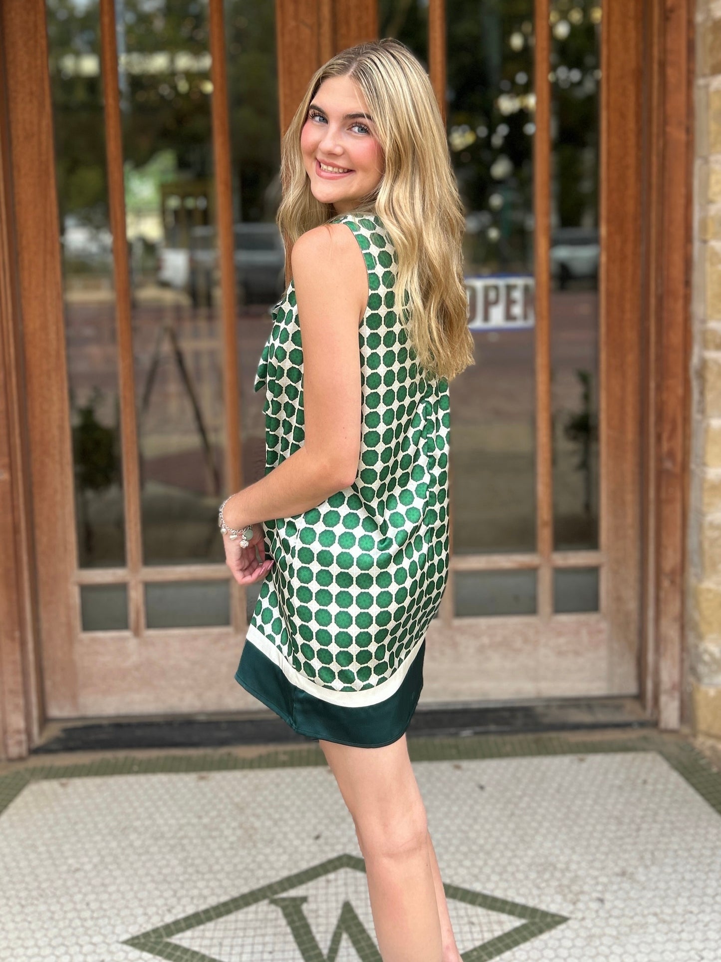 Dress | Mini Green Geometric Print With Solid Contrast Hem Sleeveless