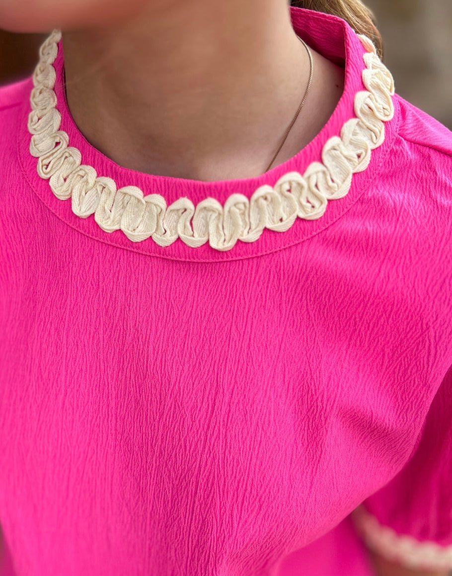 Tops | Blouses Hot Pink W/White Embroidered Trim Puff Sleeve Round Neck