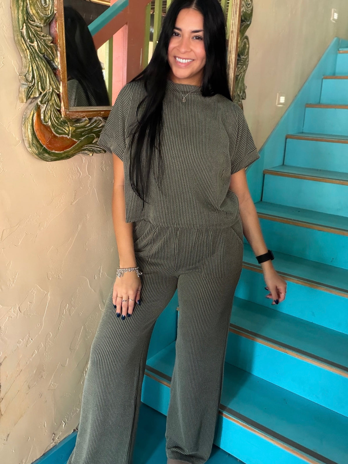Set - Olive Ribbed Short Sleeve & Pants