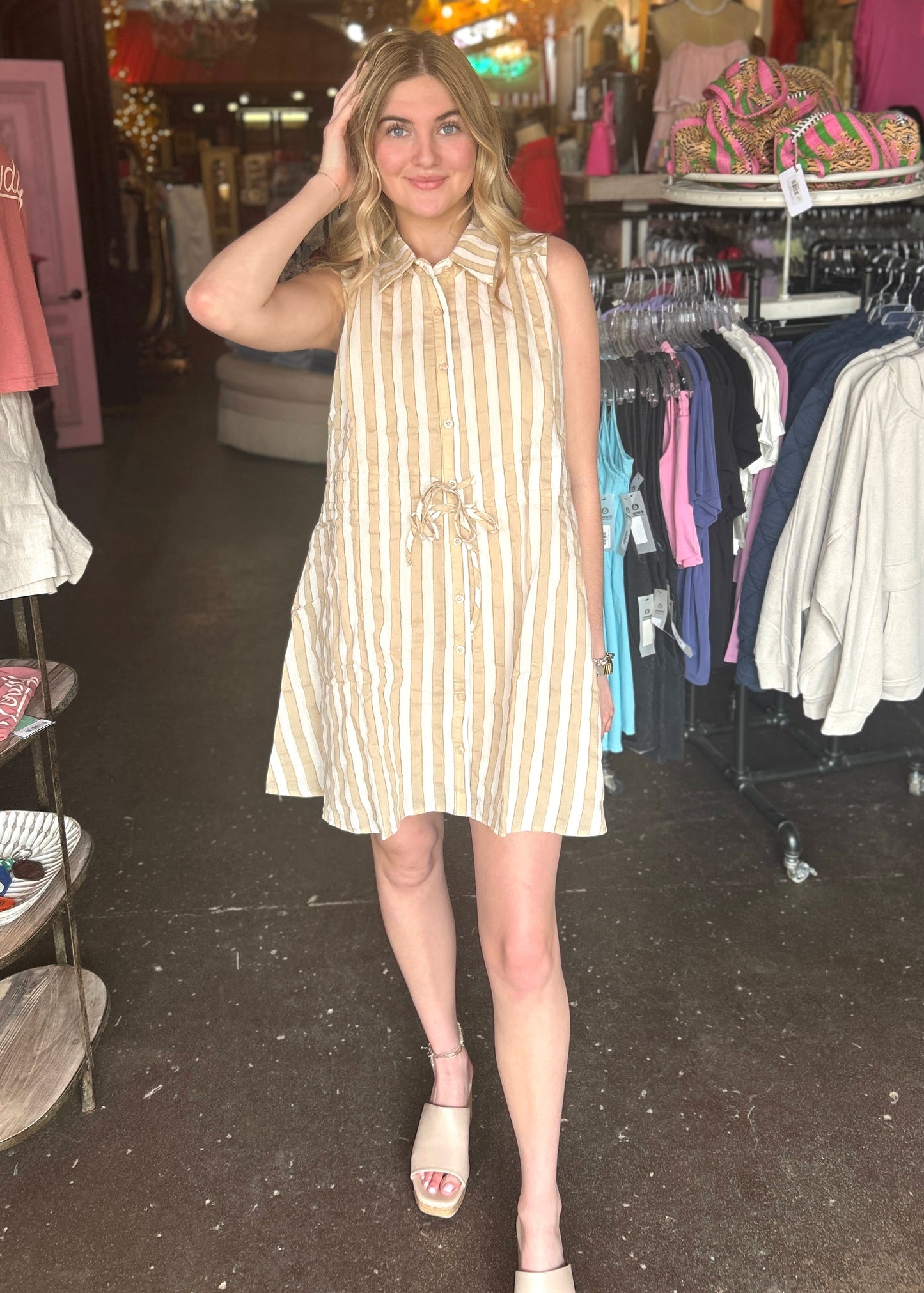 Dress | Beige Striped Sleeveless Shirt Dress