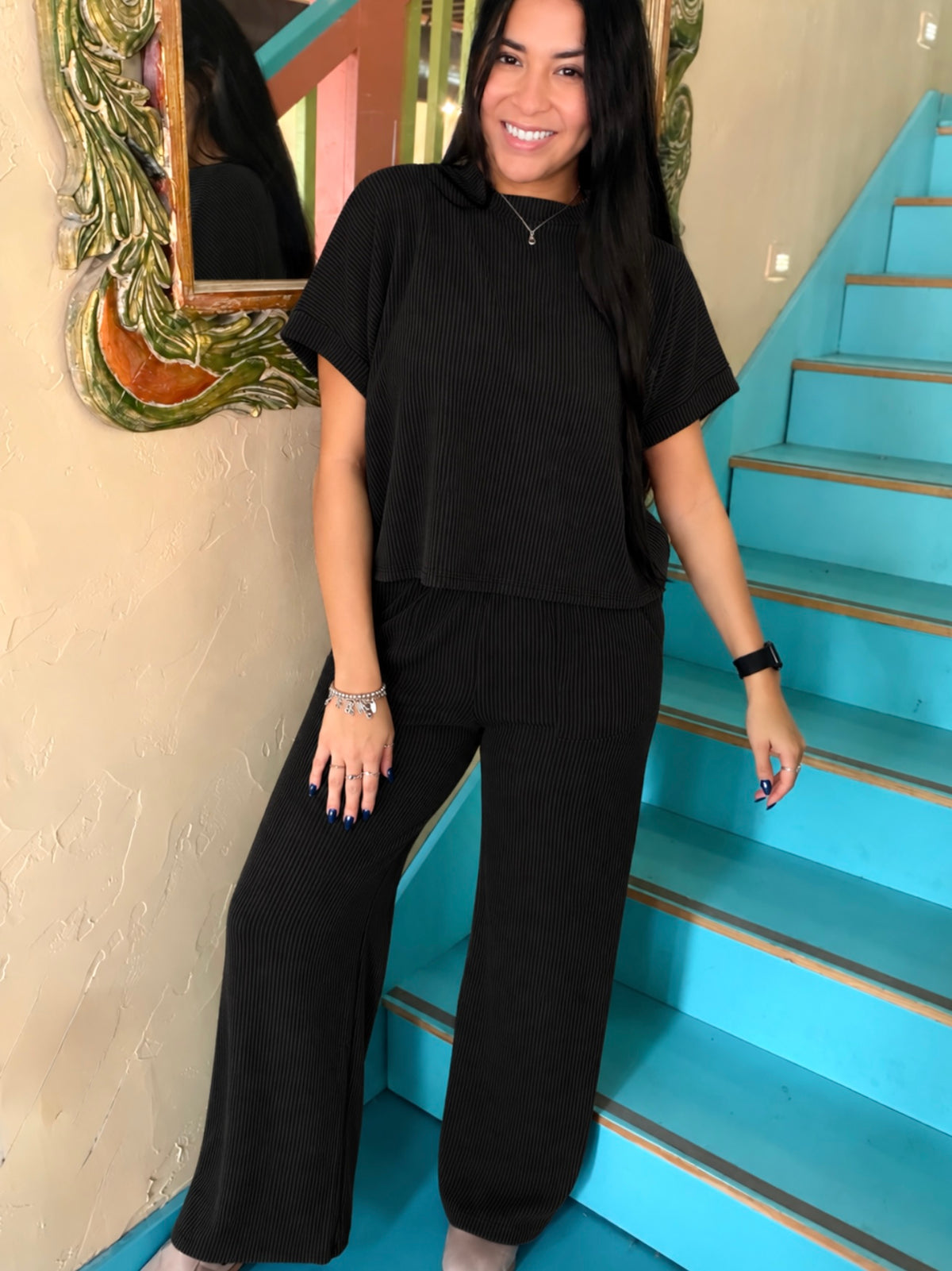 Set - Black Ribbed Short Sleeve & Pants