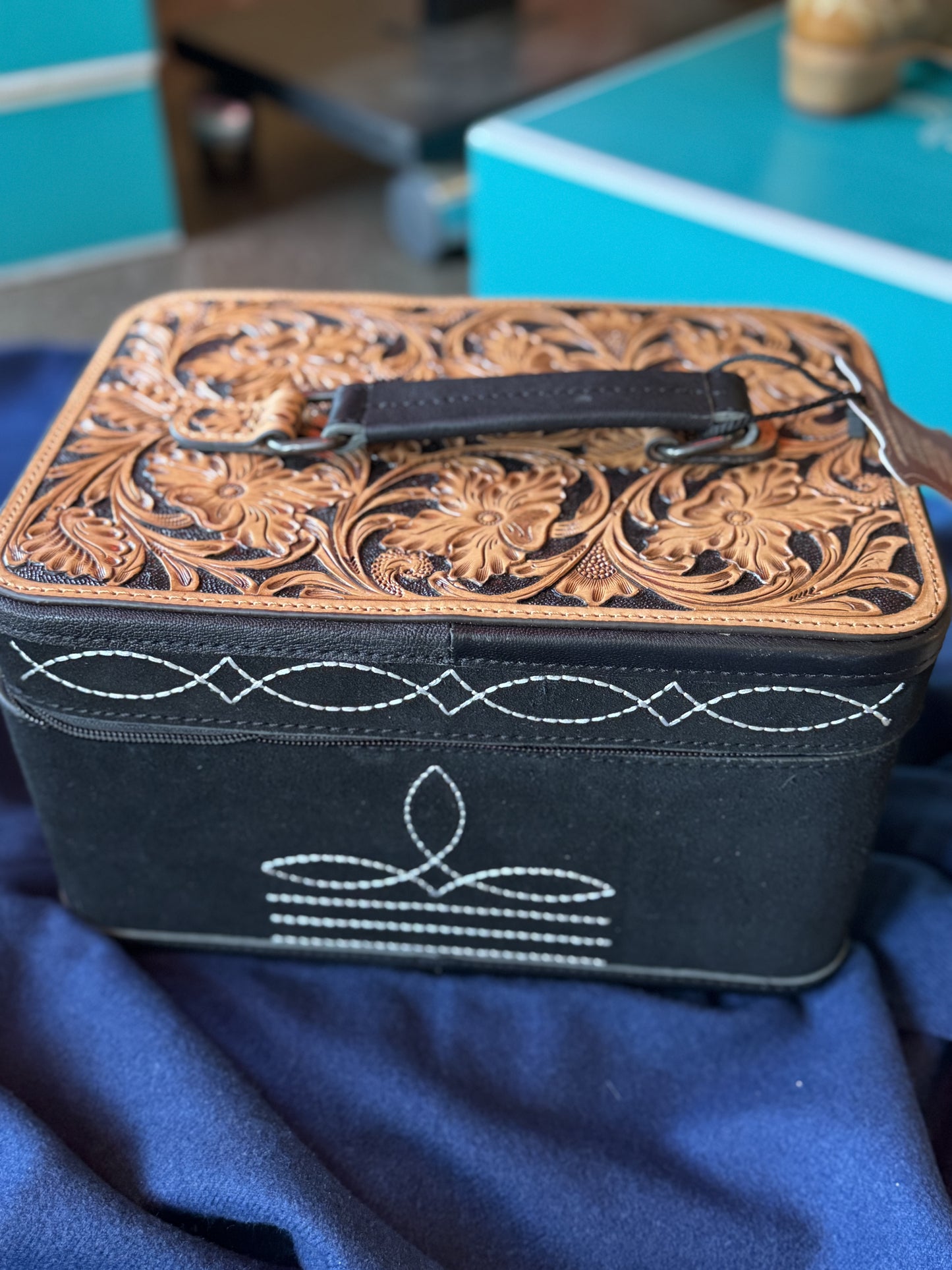 Jewelry Storage | Black Bootstitch Suede Leather & Tooled Jewelry Box