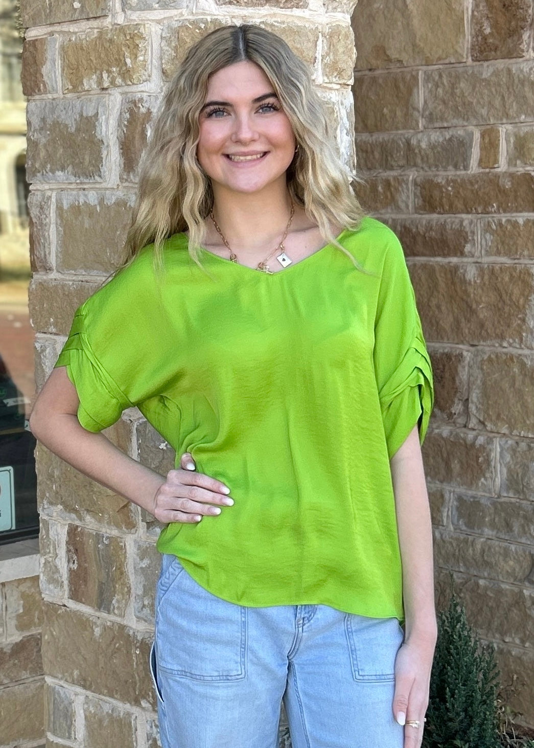 Tops | Blouse V-Neck Satin Top W Self Bands Sleeve