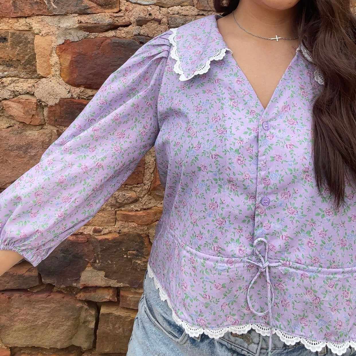 Tops | Blouse Lavender Floral Print Short Puff Sleeve Button Down
