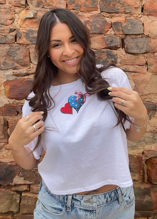 Tops | Tee Cropped White With American Hearts