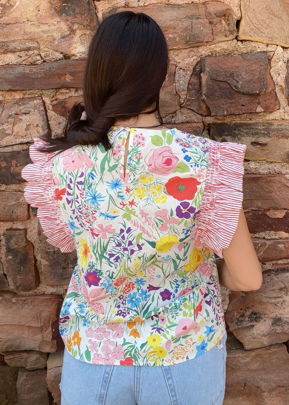 Tops | Blouse Multi Floral Top With Red/White Striped Ruffled Short Sleeves Round Neck