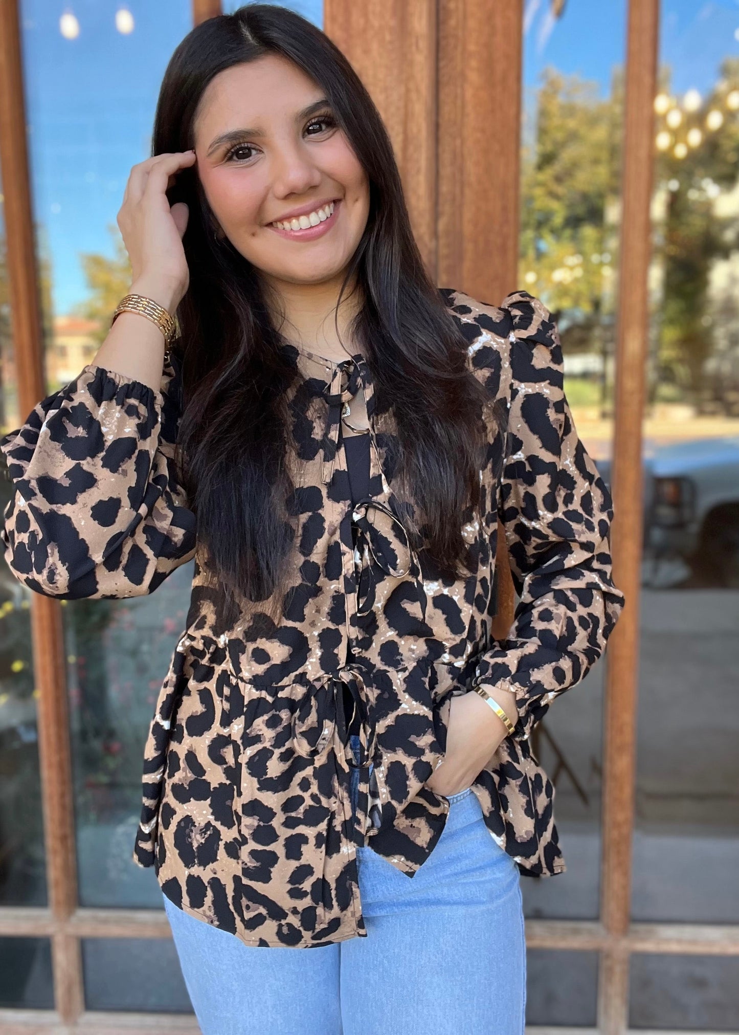 Top | Blouse Leopard Tie Front Peplum Waist