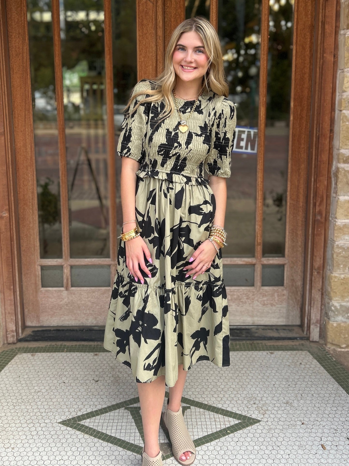 Dress | Midi Olive Floral Print Smocked Bodice Back Keyhole