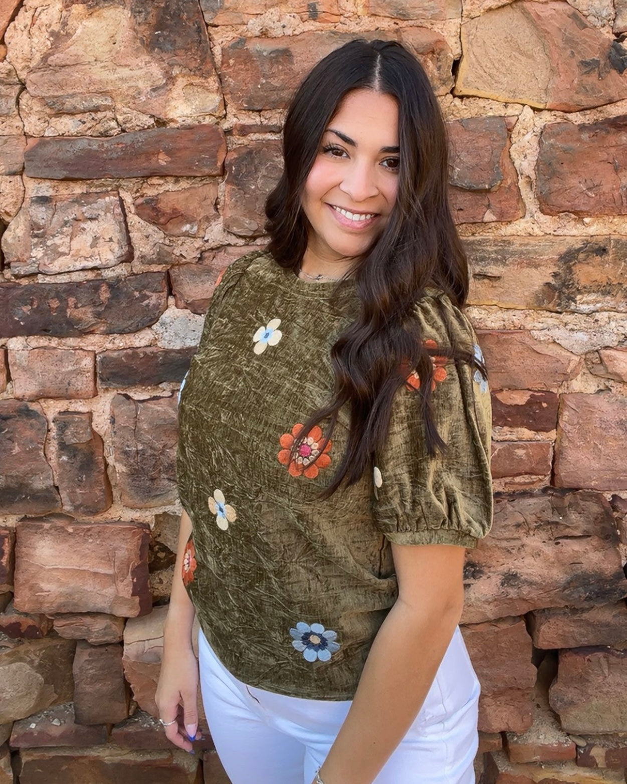 Tops | THML Blouse Olive Short Sleeve Embroidered Detail Suede