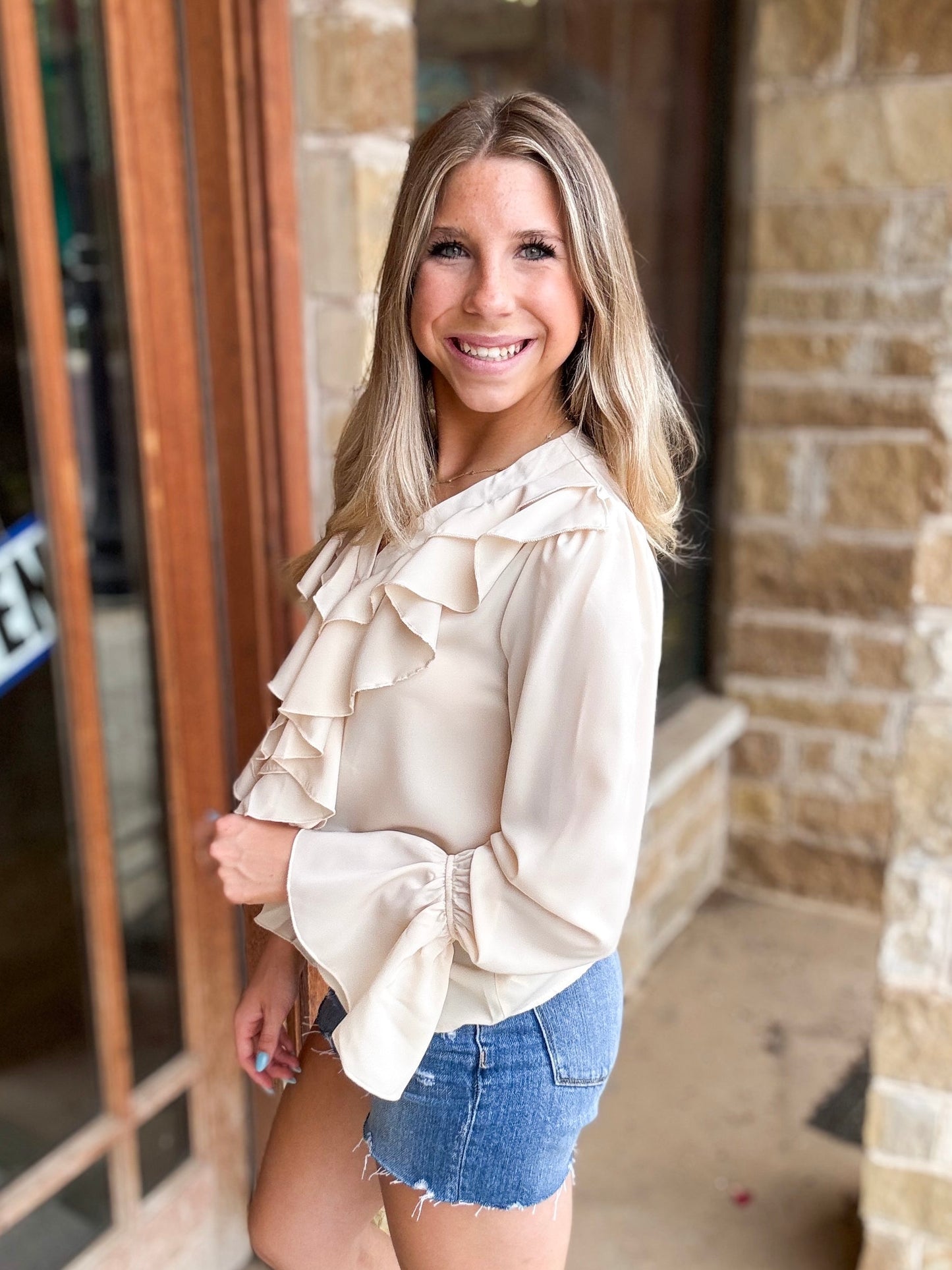 Tops | Blouse Apricot Ruffled V-Neck W/Ruffle Button Front Long Sleeve With Ruffle