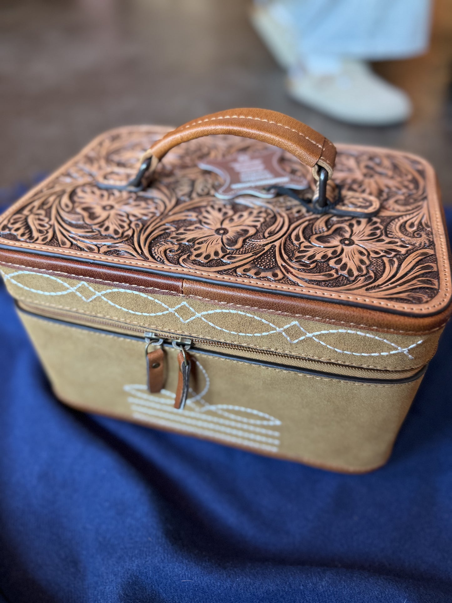 Jewelry Storage | Tan Bootstitch Suede Leather & Tooled Jewelry Box