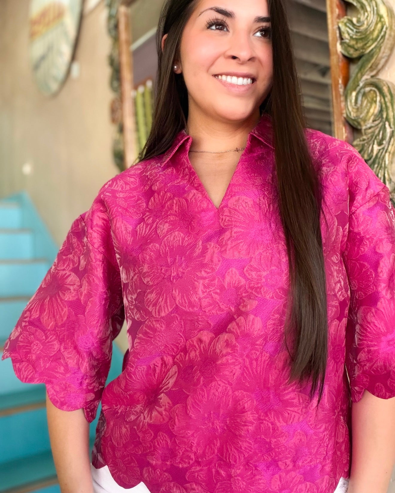 Fuchsia Floral Scallop Blouse