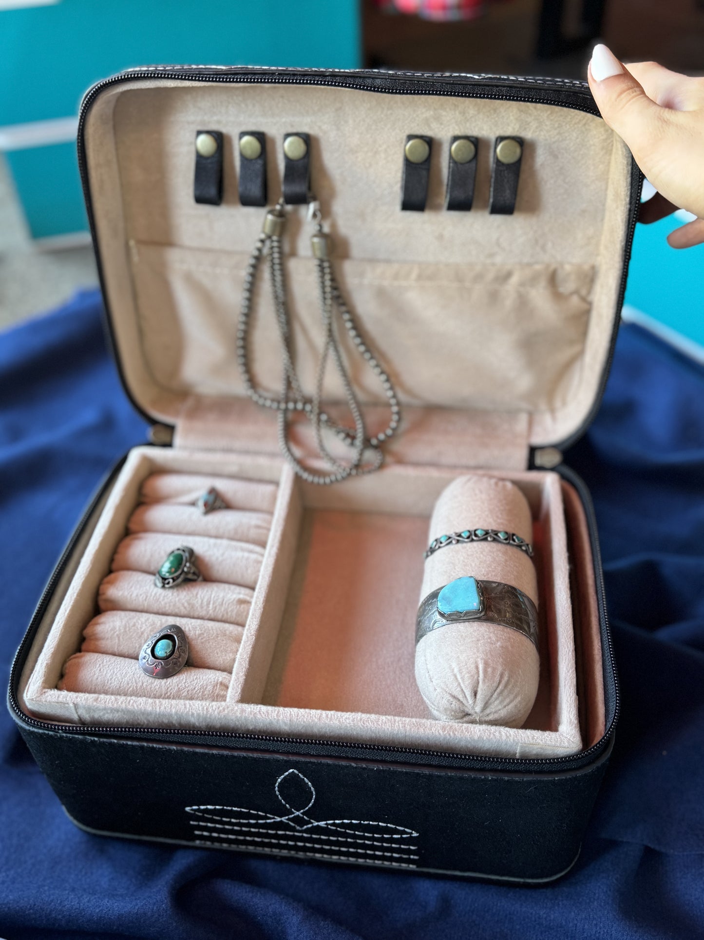 Jewelry Storage | Black Bootstitch Suede Leather & Tooled Jewelry Box