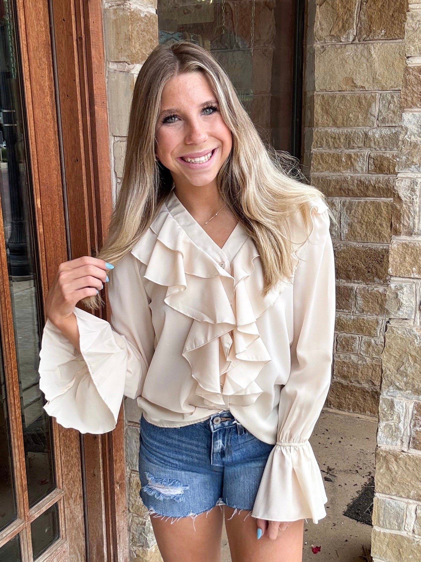 Tops | Blouse Apricot Ruffled V-Neck W/Ruffle Button Front Long Sleeve With Ruffle