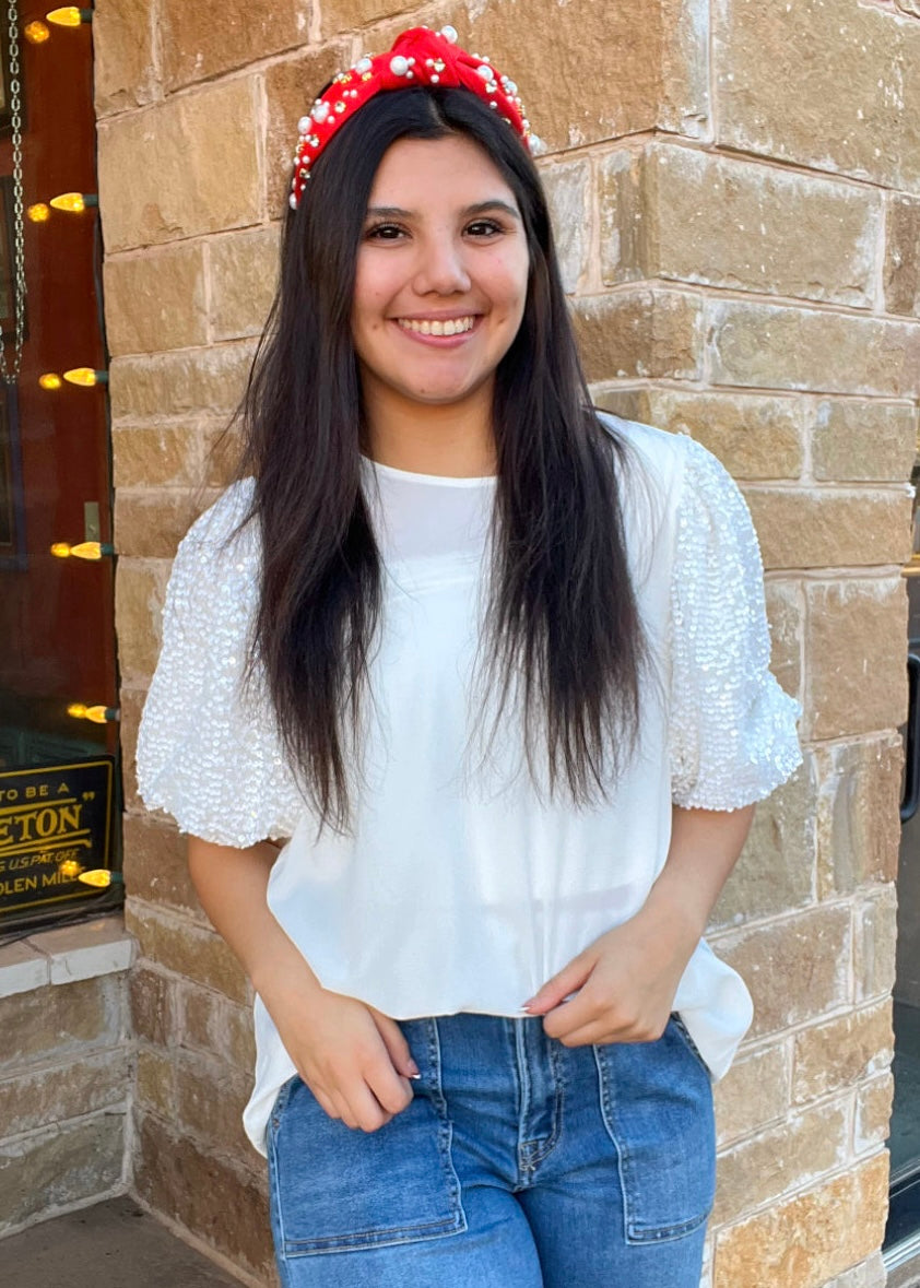 Top | Round Neck Sequin Contrast Sleeve Blouse