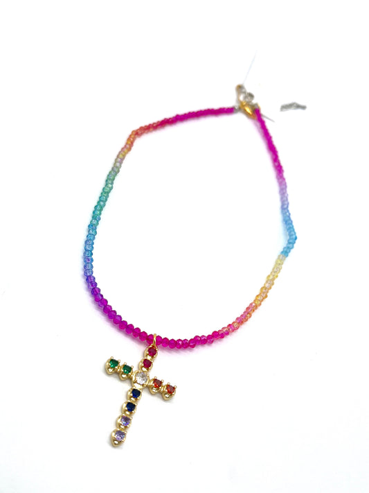 Jewelry | Necklace Beaded Multicolor With CZ Cross