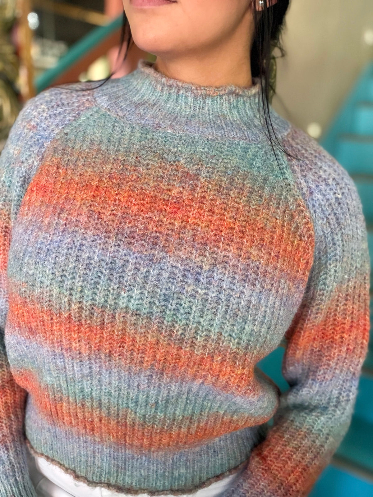 Sweater - Orange Teal Striped Knit