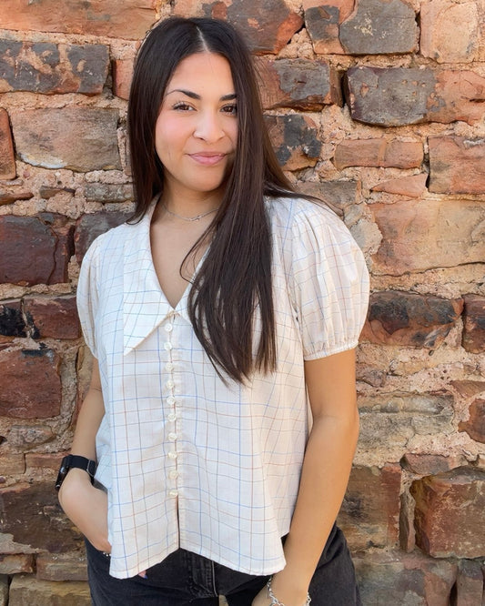 Tops | Blouse Light Taupe Checker Peter Pan Collar V-Neck Button