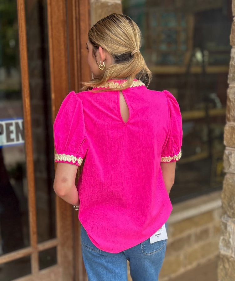 Tops | Blouses Hot Pink W/White Embroidered Trim Puff Sleeve Round Neck