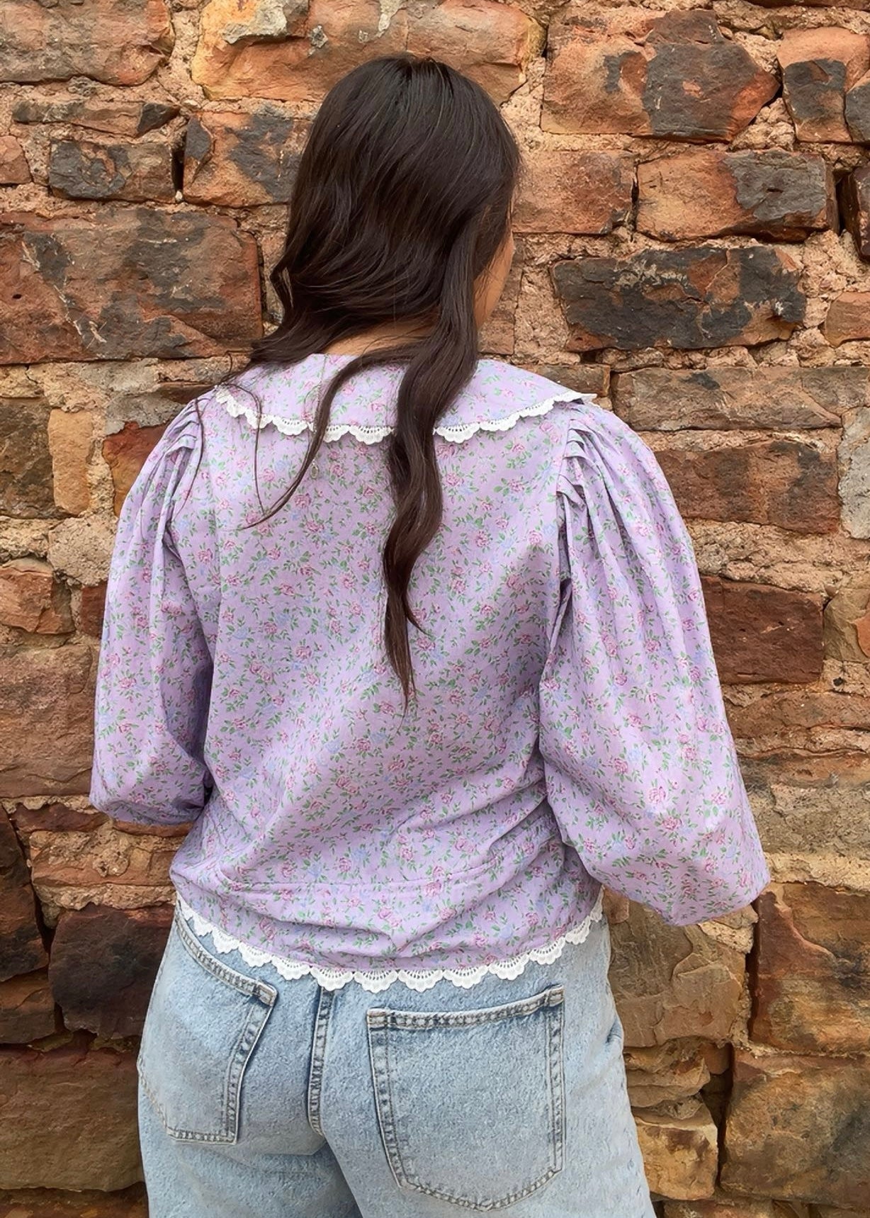Tops | Blouse Lavender Floral Print Short Puff Sleeve Button Down