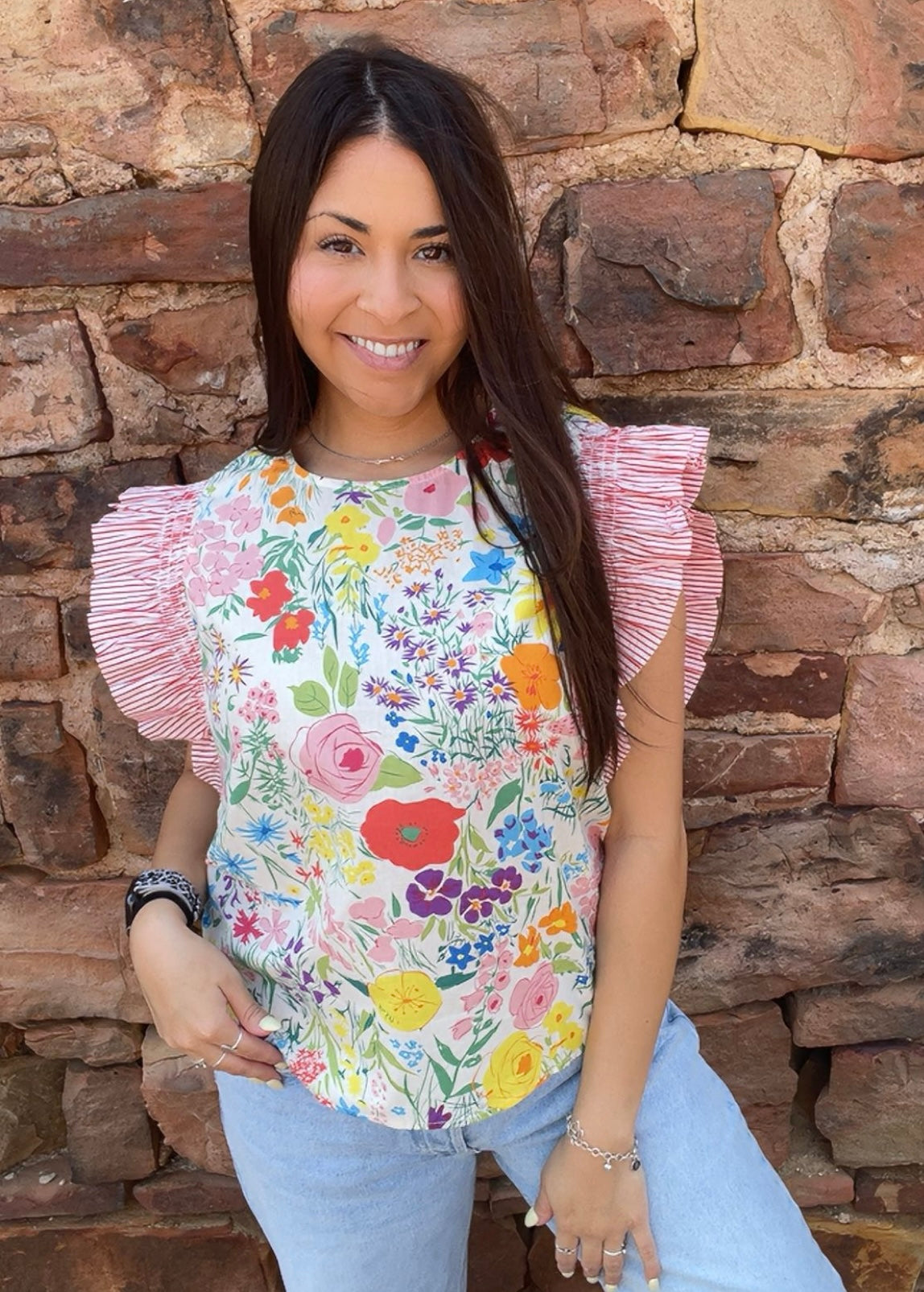 Tops | Blouse Multi Floral Top With Red/White Striped Ruffled Short Sleeves Round Neck