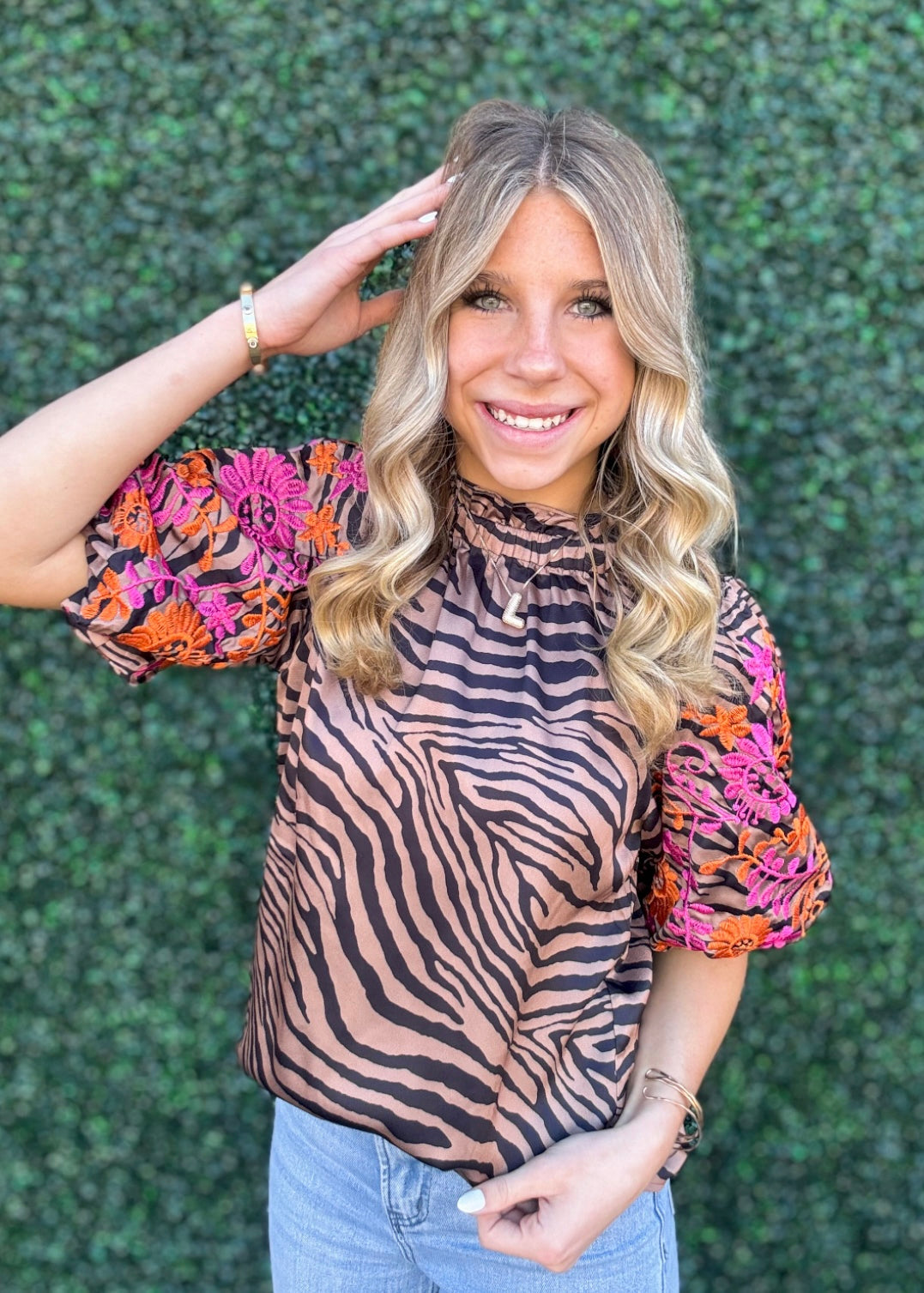 Top | THML Blouse Embroidered Puff Sleeve Animal Print