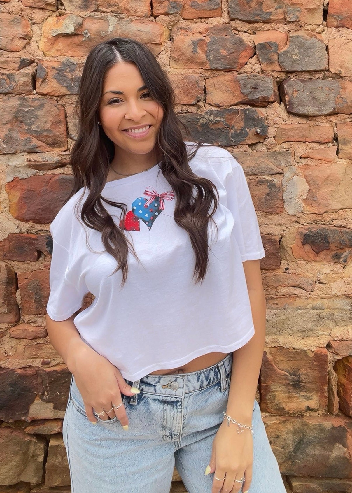 Tops | Tee Cropped White With American Hearts